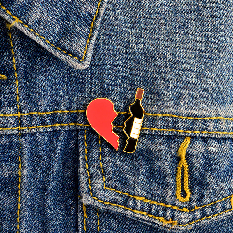 2PCS/SET Heart And Wine Pin Set Broken Heart Puzzle Piece One Pair Brooches Hard Enamel Wine pins Heart pins Accessories