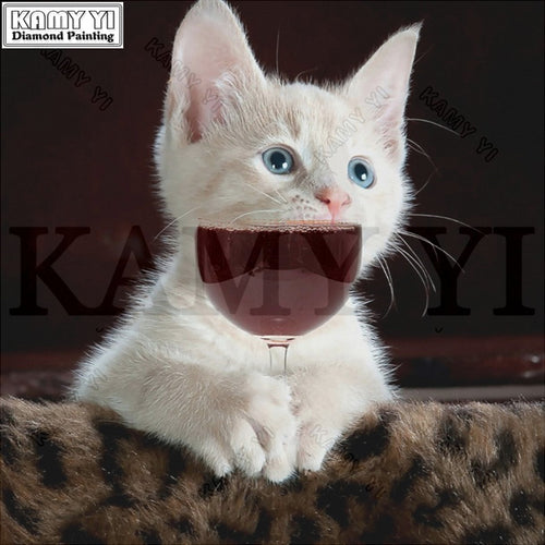 DIY 5D Full Round Diamond Embroidery Cat Drinks Wine Diamond Painting Cross-stitch Full Rhinestone Mosaic Decor New Year Gifts