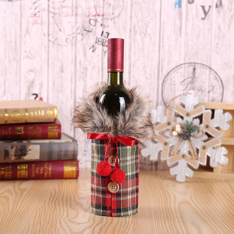 Merry Christmas Red Wine Bottle Cover Bar Xmas Button Plain Clothes Wine Gift Bottle Bag Decoration Dinner Table Decor For Home
